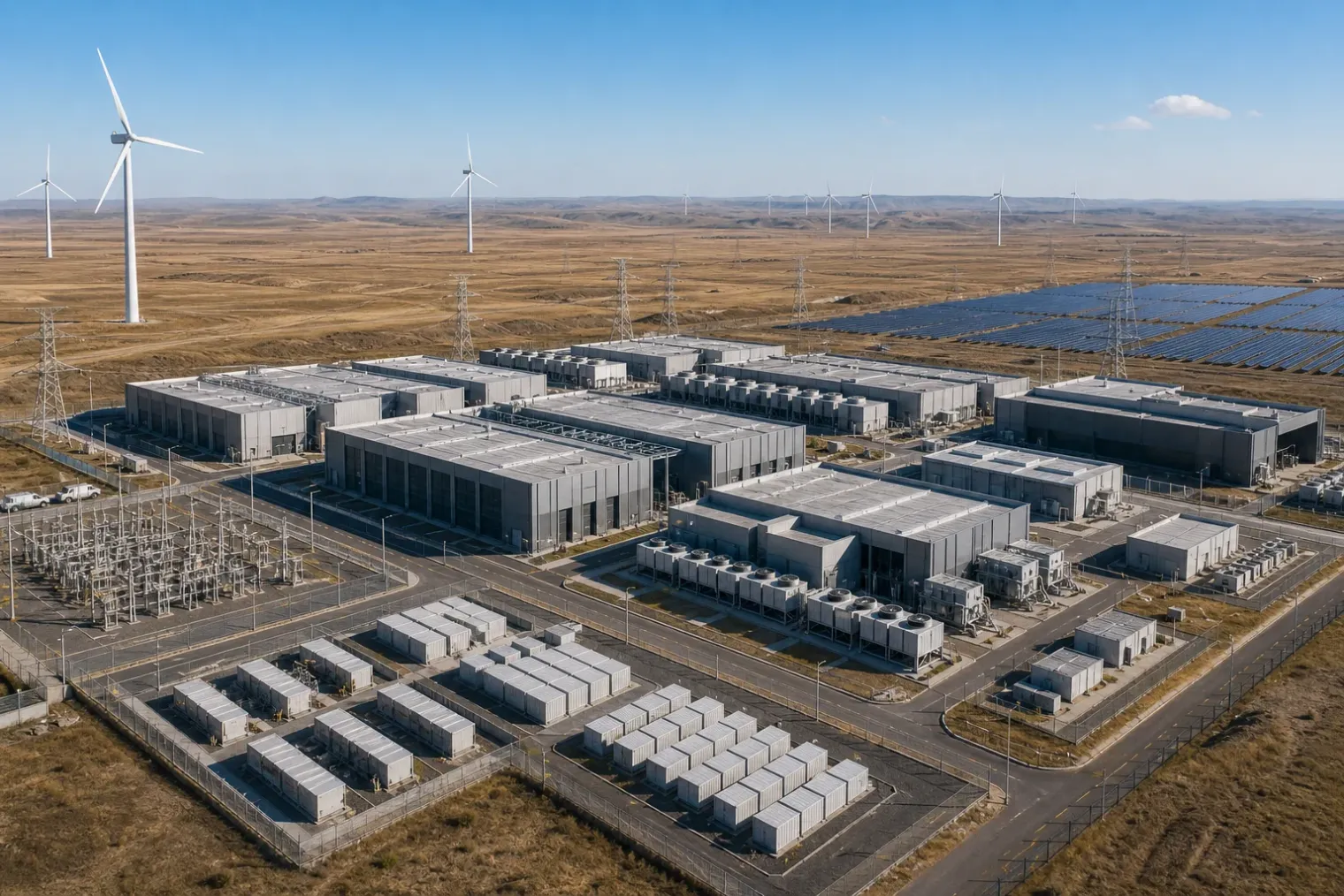 A wide view of an AI data-centre campus in Inner Mongolia with server buildings, wind turbines, solar panels and distant grassland under a clear sky.