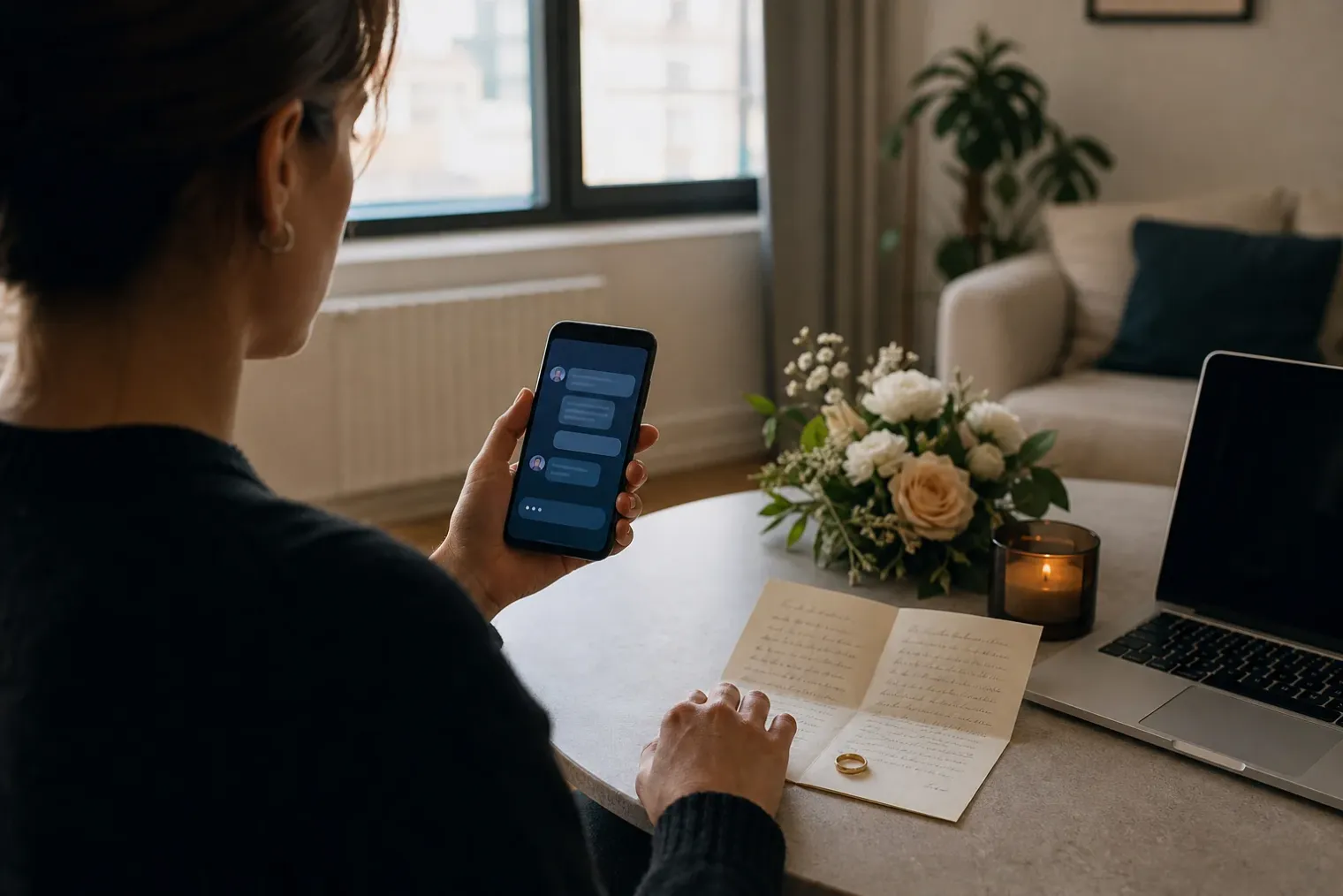 A person in a quiet apartment holding a smartphone displaying a generic chatbot conversation beside a simple ceremonial ring and handwritten vows.