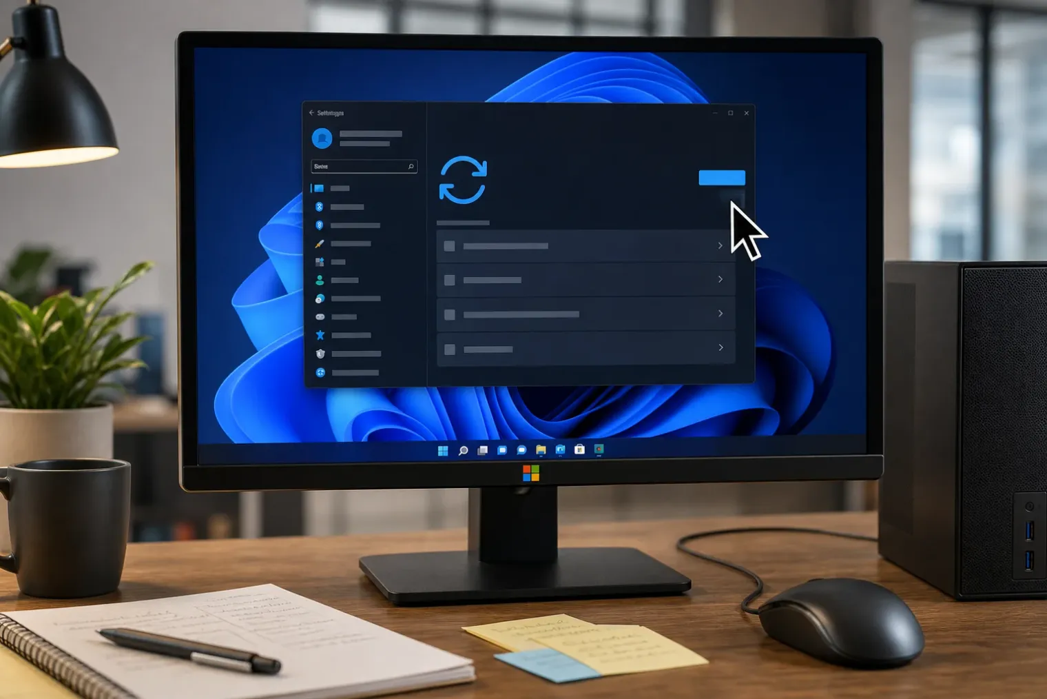 A Windows 11 desktop on a monitor showing a large white mouse cursor beside Windows Update settings, with the Microsoft logo visible.