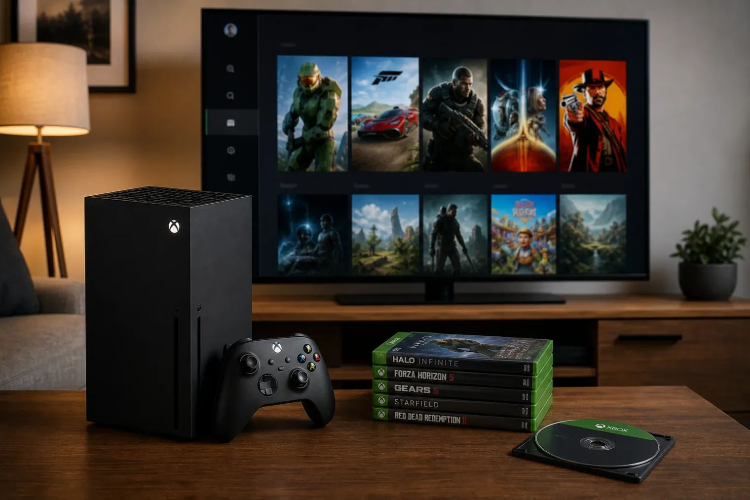 An Xbox Series X console beside several physical Xbox game cases, with one disc placed near the console and a digital game library displayed on a television.