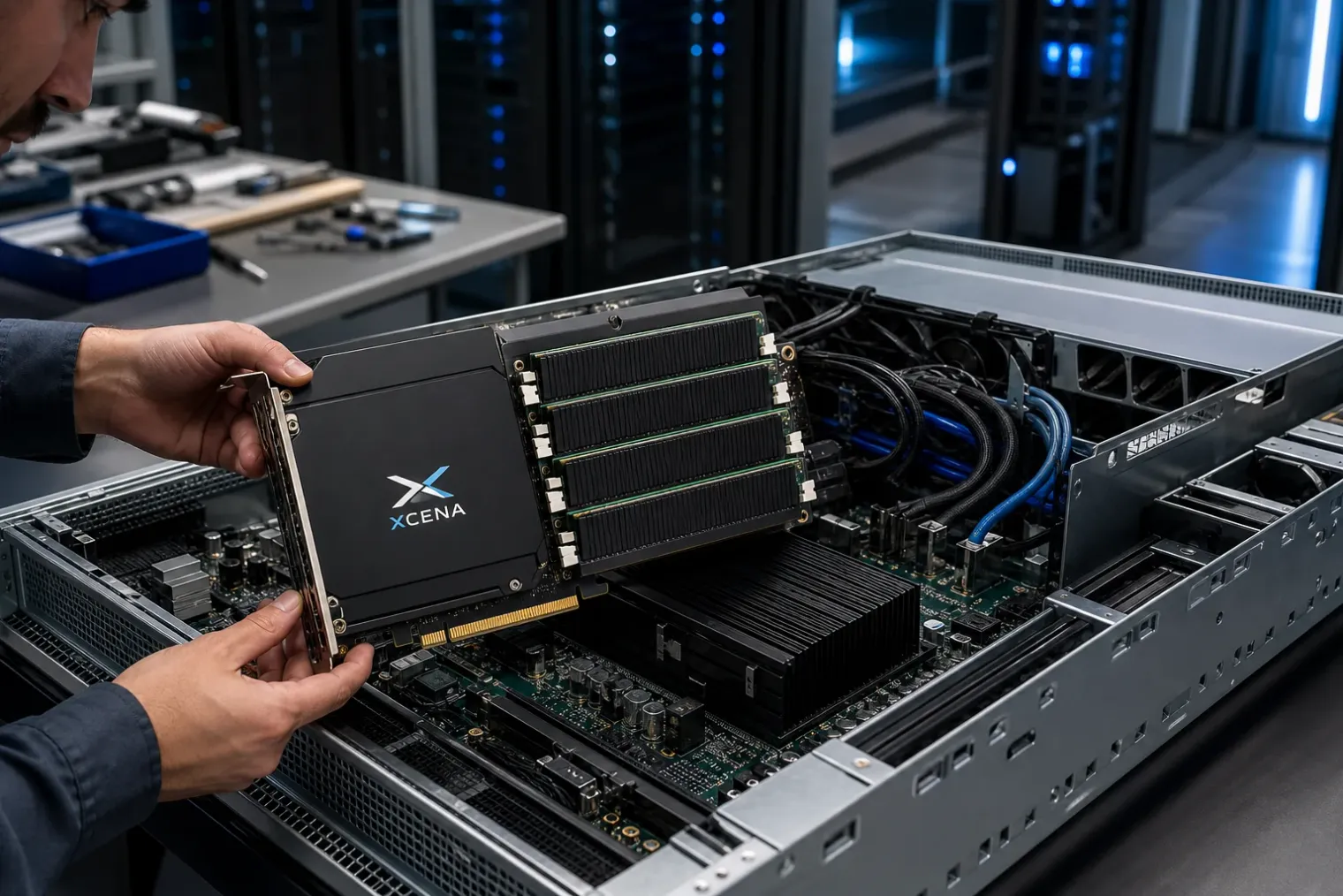 An XCENA MX1 computational memory expansion card installed in an open data-centre server, with DDR5 modules and cooling hardware visible.
