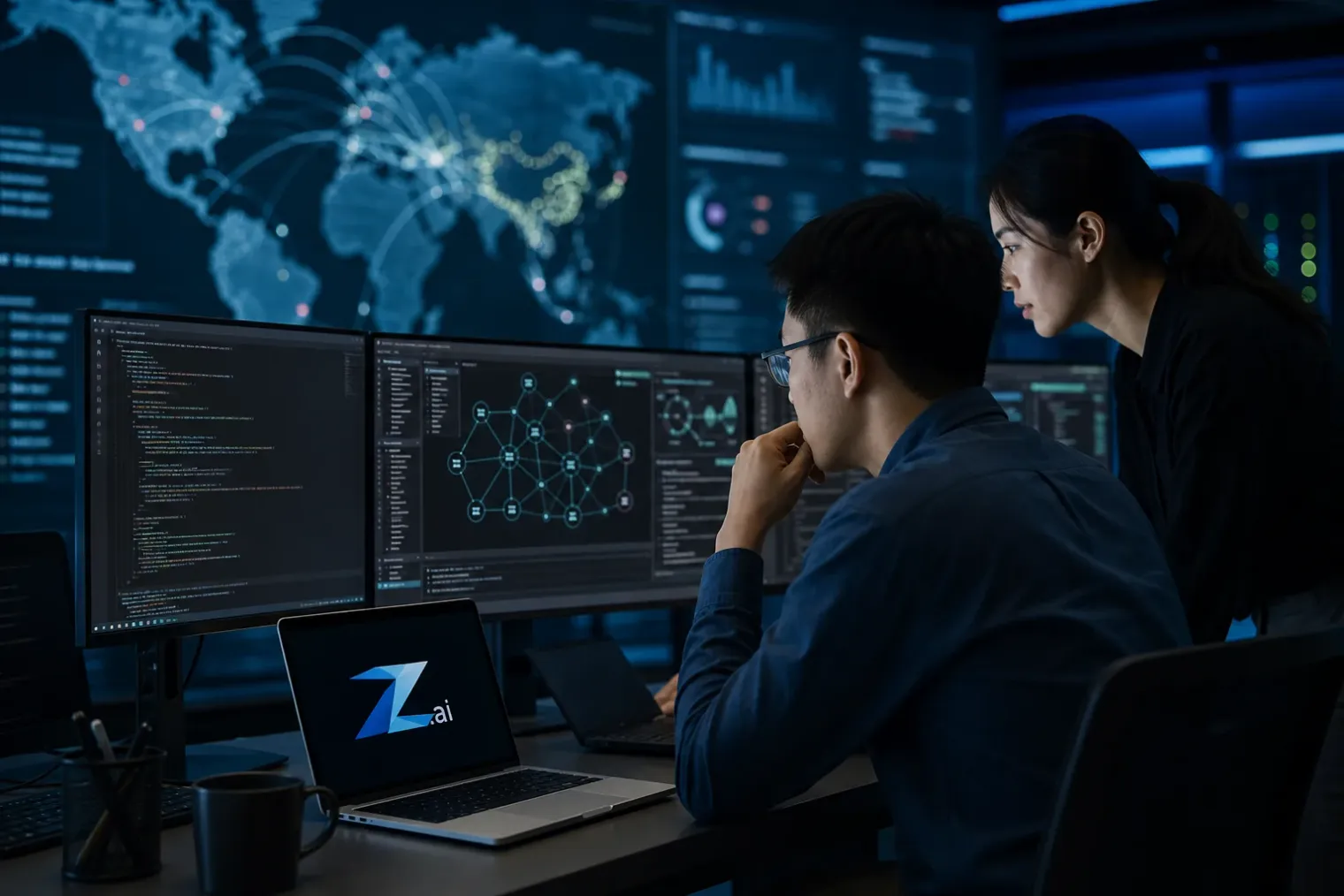 Cybersecurity analysts reviewing code on monitors beside a laptop showing the Z.ai logo in a modern security operations centre.