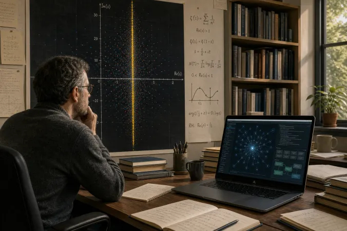 A mathematician studies a complex-plane plot of zeta-function zeros beside a laptop displaying an AI research interface.