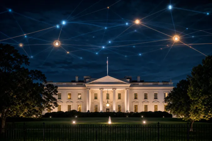 The White House in Washington at dusk with abstract blue AI network patterns projected across the sky.