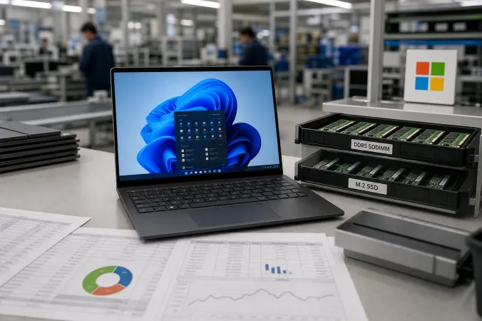 A laptop production and procurement workspace with component trays, a Windows laptop and a small Microsoft logo placard.