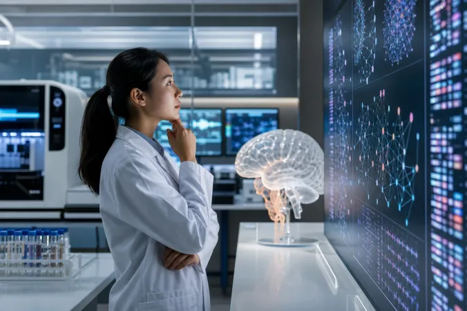 Editorial illustration of a researcher examining connected genomic data patterns beside a stylised human brain model in a genetics laboratory.