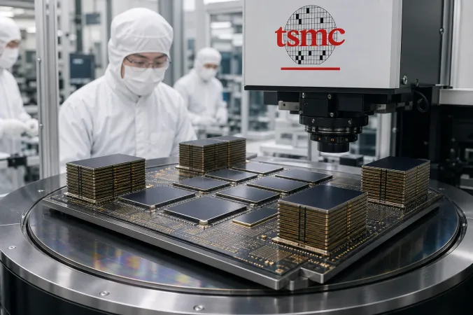 An advanced semiconductor package with several compute chiplets and high-bandwidth-memory stacks on an interposer in a cleanroom setting, with the TSMC logo visible.