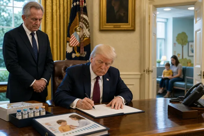 An editorial illustration of an Oval Office vaccine-policy signing meeting with vaccination materials on a desk and a paediatric clinic visible in the background.