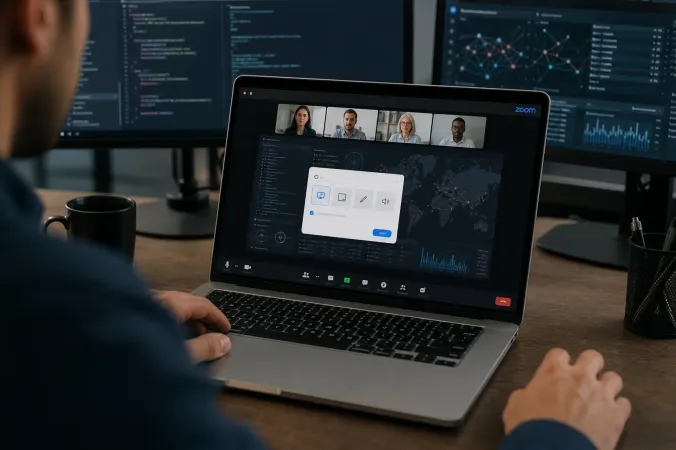 A laptop displaying a video meeting screen-share interface with permission controls, alongside a Zoom logo.