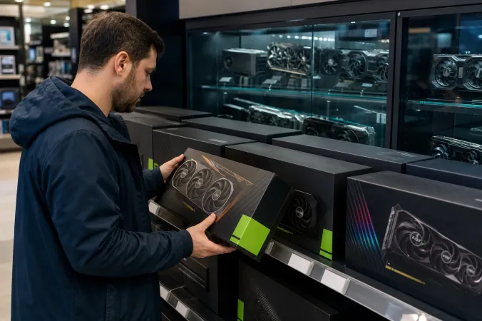 A shopper compares boxed Nvidia GeForce RTX graphics cards and price tags in a computer hardware store.