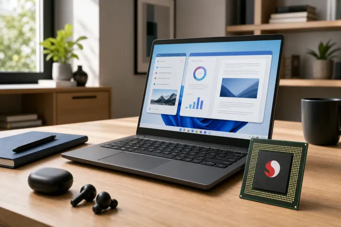 A slim entry-level Windows laptop on a desk beside a Snapdragon C processor package, with the Qualcomm logo visible on the package.