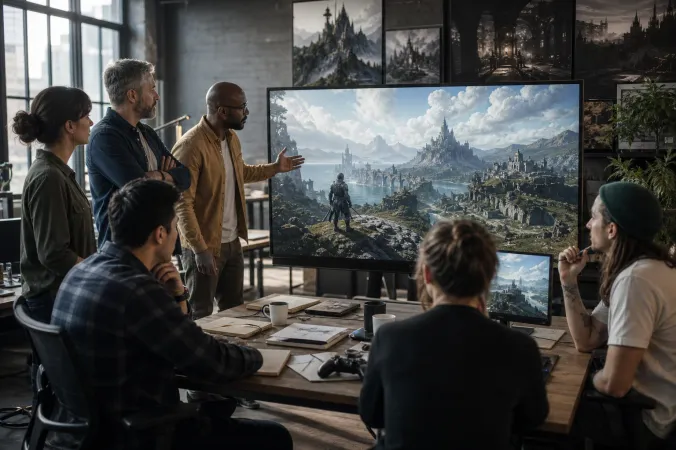 A fantasy game studio meeting room with developers reviewing a medieval open-world scene on large monitors.