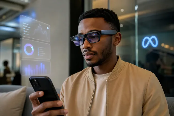 A person using AI glasses beside a smartphone displaying an abstract personal assistant interface, with the Meta logo visible in the background.