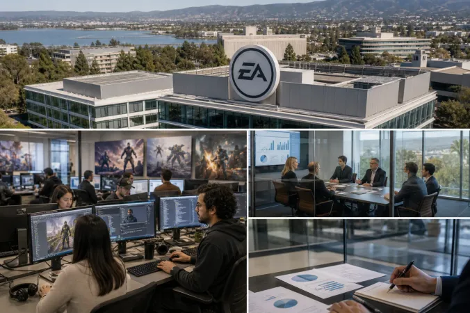 Electronic Arts studio campus with game developers working at monitors and the EA logo displayed on a building sign.
