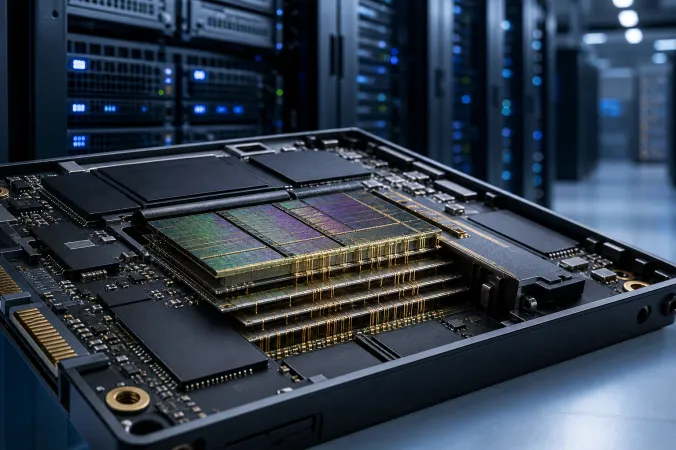 Close-up editorial illustration of stacked NAND flash dies on a data-centre SSD circuit board beside server racks.