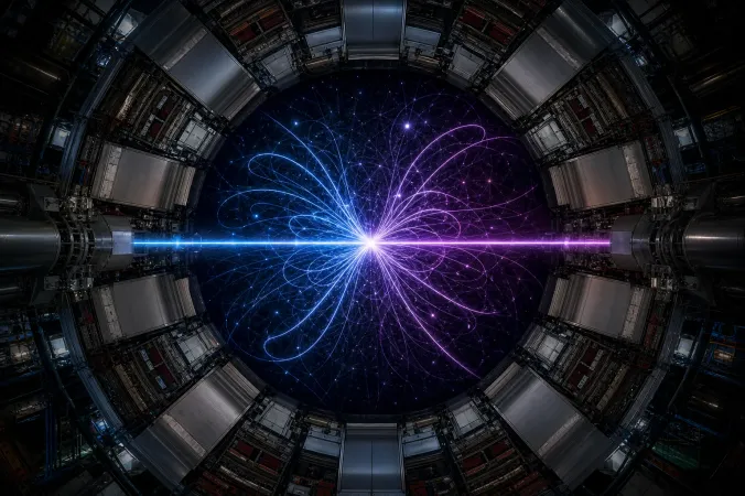 An editorial illustration of proton beams colliding inside a particle detector, with paired particle tracks and a subtle quantum-field pattern around the collision point.