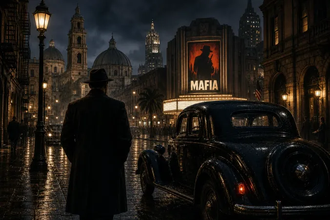 A noir-inspired 1930s city street with a vintage car, a suited gangster silhouette and the Mafia logo on a distant illuminated cinema sign.