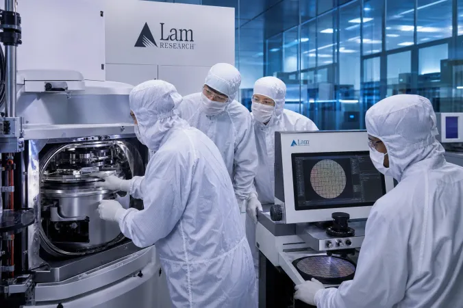 Engineers in a Lam Research semiconductor process laboratory examining wafer-processing equipment, with the Lam Research logo visible.